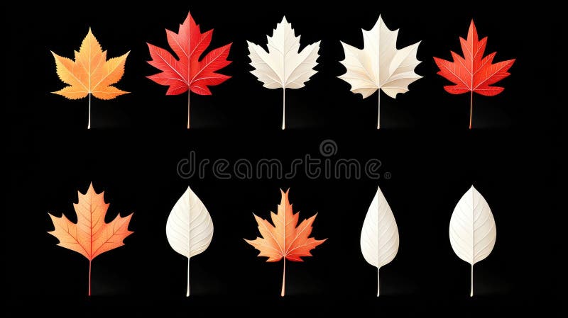 A collection of nine maple leaves in various colors and shades, arranged in three rows against a black background. royalty free stock images