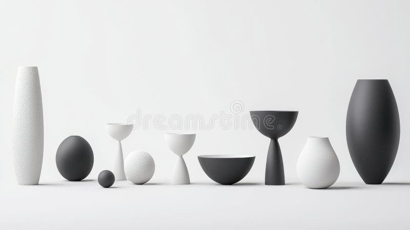 A collection of nine modern vases in black and white, arranged in a row against a white background. stock photo