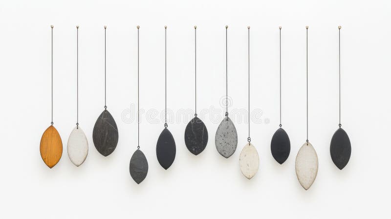 A collection of nine unique earrings, each with a distinct shape and color, suspended from thin wires against a white background. stock photography