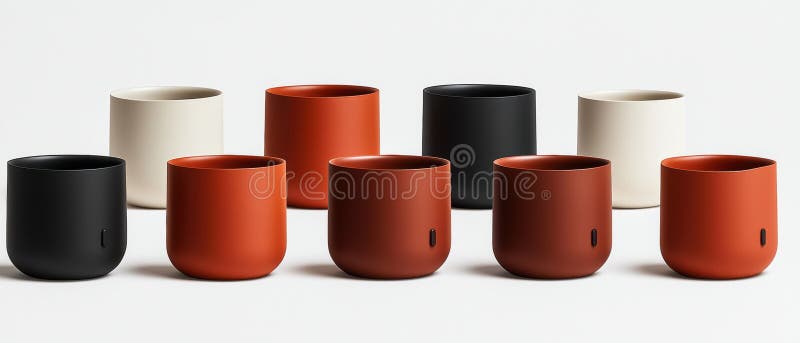 A collection of nine uniquely designed mugs in various colors and shapes, arranged in a grid-like pattern. The image presents a collection of nine uniquely designed mugs, each with a distinct color and shape. The mugs are arranged in a neat row, with three mugs on the left, three in the middle, and three on the right. The first row features a black mug, a white mug, and a red mug. The second row includes a red mug, a black mug, and a red mug. The third row has a red mug, a black mug, and a red mug. The mugs are all cylindrical in shape with a slightly wider base and a narrower neck, and they are all empty, awaiting the addition of a beverage. AI generated
