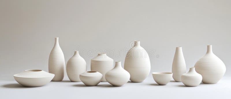 A collection of nine white ceramic vases of varying shapes and sizes, arranged in a balanced and harmonious composition. royalty free stock photos