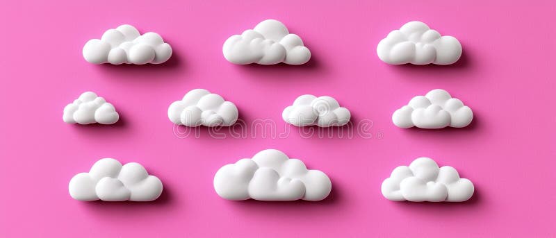 A collection of nine white cloud-shaped objects arranged in a 3x3 grid against a pink background. stock image