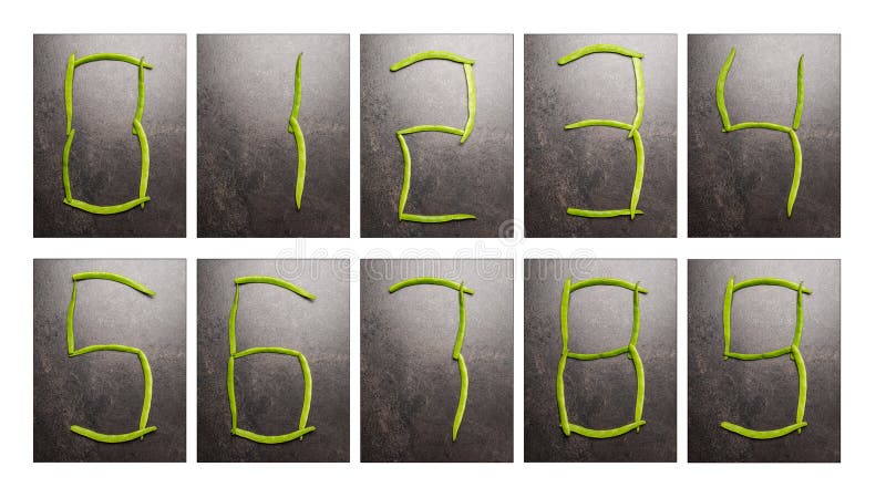 Collection of the numbers zero to nine in digital digits laid out by green beans on dark table surface royalty free stock photos