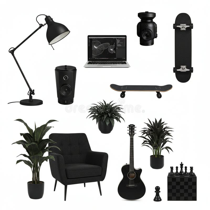A collection of objects and decor primarily in black. Items include a desk lamp royalty free illustration
