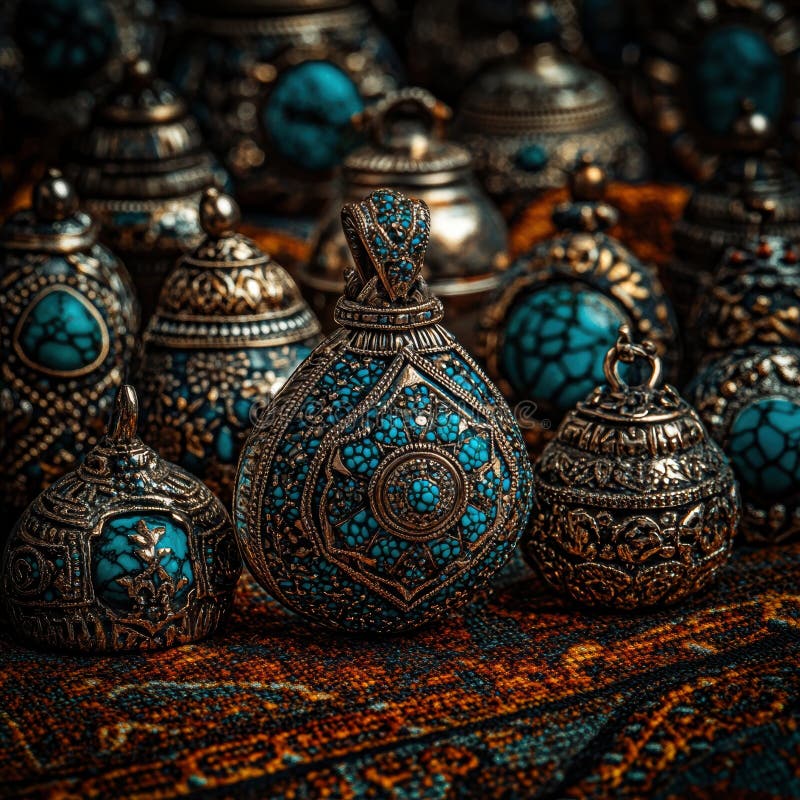 A collection of ornate antique bottles decorated with intricate metalwork and turquoise stones. royalty free illustration