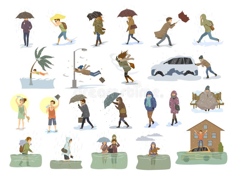 Collection of people coping with bad severe meteorological weather conditions disasters like extreme heat and cold, hurricane, str royalty free illustration