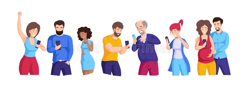 Collection of people looking to smartphones and talking with different emotions. Set man, woman, couple and families holding