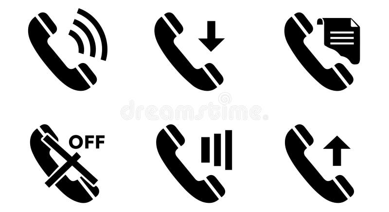 A set of six black and white icons depicting various telephone call statuses and actions, including ringing, incoming, outgoing, voicemail, and off modes, useful for interface design. Outgoing call vectors