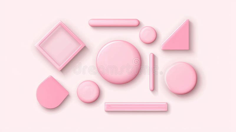 A collection of pink geometric shapes on a light pink background. stock photo
