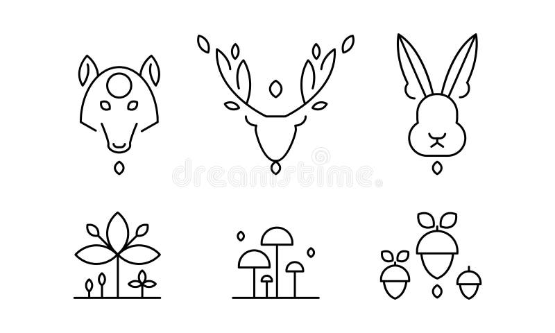 Collection of plants and wild animals head in linear style, forest decorative elements vector Illustration on a white royalty free illustration Collection of plants and wild animals head in linear style, forest decorative elements vector Illustration on a white royalty free illustration