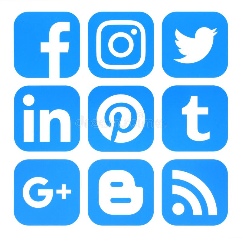 Collection of popular blue social media icons printed on paper vector illustration Collection of popular blue social media icons printed on paper vector illustration