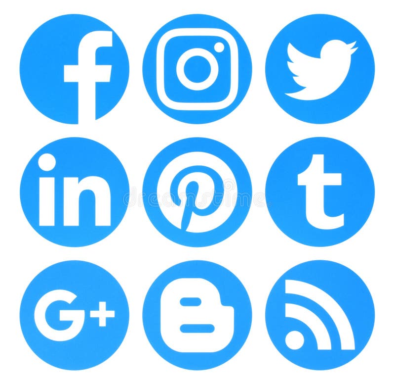 Collection Of Popular Circle Blue Social Media Logos Printed On