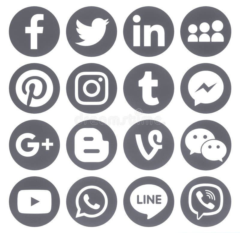 Collection of popular grey round social media icons
