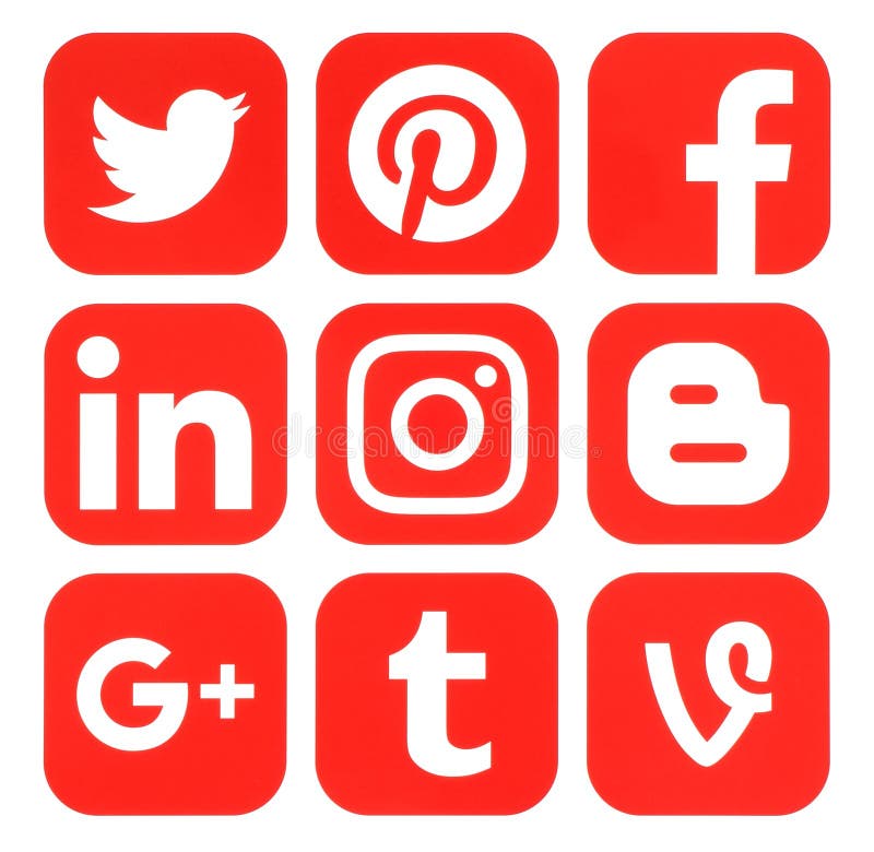 Kiev, Ukraine - September 20, 2016: Collection of popular red social media logos printed on paper: Facebook, Twitter, Google Plus, Instagram, Pinterest, LinkedIn, Blogger, Tumblr and Vine