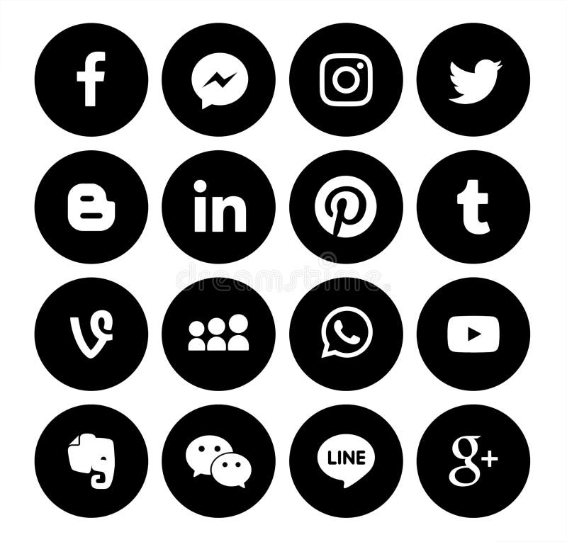 Kiev, Ukraine - August 25, 2020: Collection of popular small black round social media icons, printed on paper: Facebook, Twitter, Google Plus, Instagram, Pinterest, Blogger, Tumblr and others