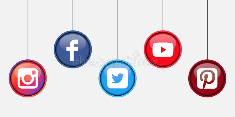 Collection of popular social media logos printed on white paper: Facebook, Twitter, Instagram, Pinterest, Youtube stock illustration Collection of popular social media logos printed on white paper: Facebook, Twitter, Instagram, Pinterest, Youtube stock illustration
