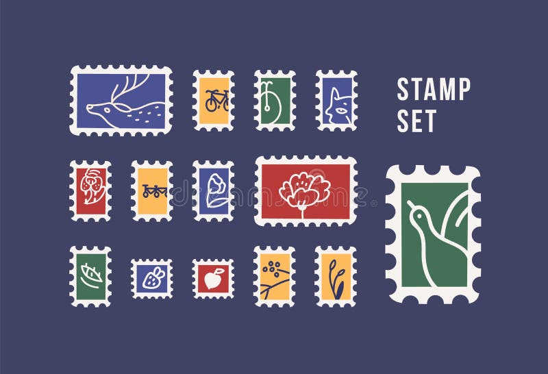 Collection of postage stamps with animals, birds, flowers and fruits isolated on dark background. Philately set. Bundle