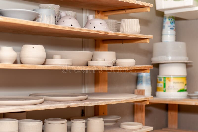 Collection of Pottery on Shelves Stock Image Image of hardwood, door