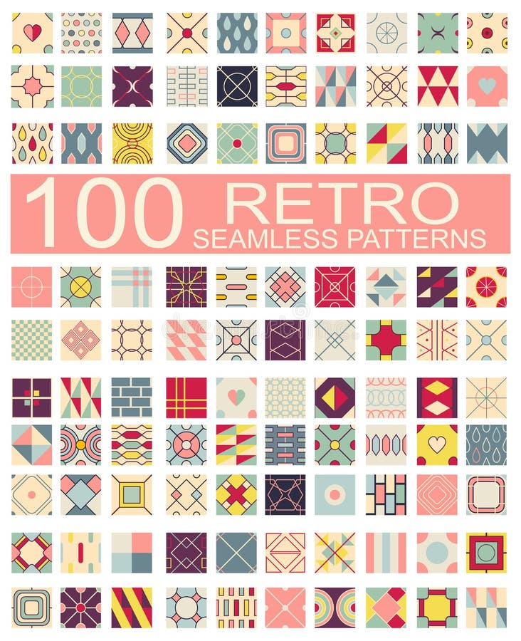 Collection of 100 retro different vector geometric seamless patterns