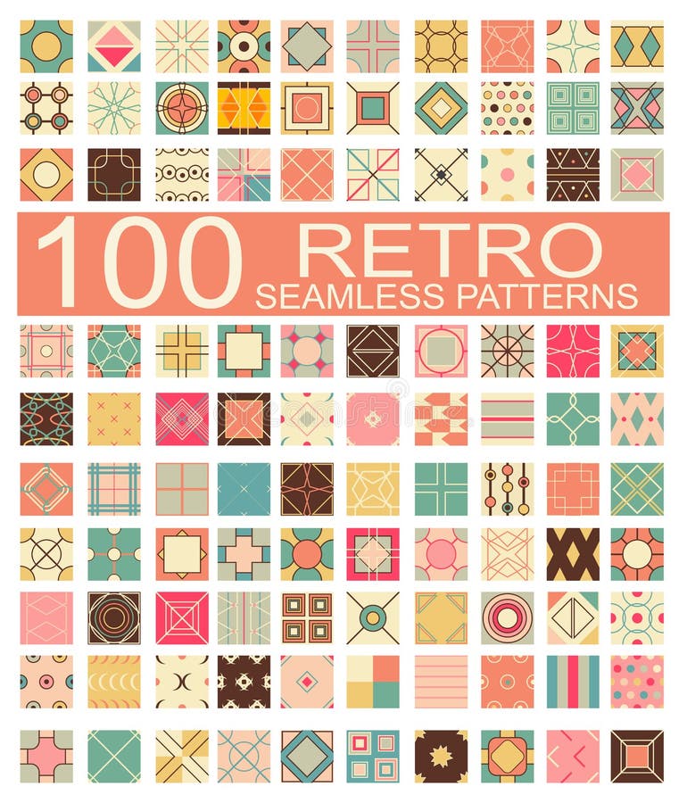 Collection of 100 retro different vector geometric seamless