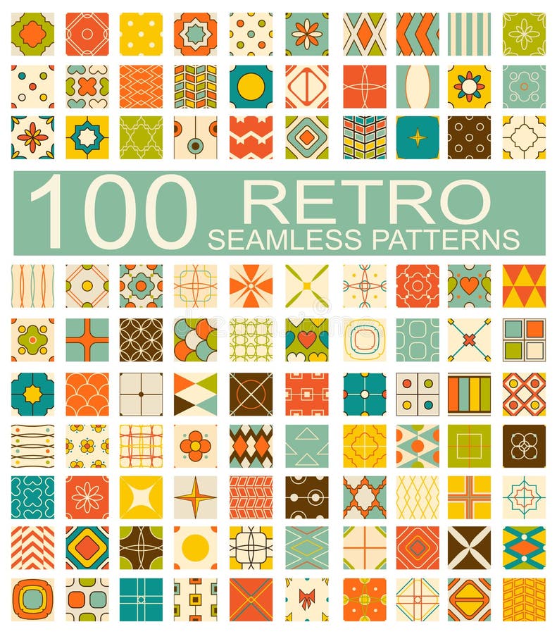 Collection of 100 retro different vector geometric seamless