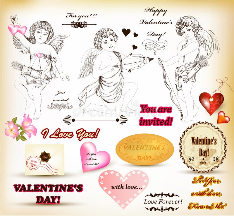 Collection of retro hand drawn elements for Valentine s day