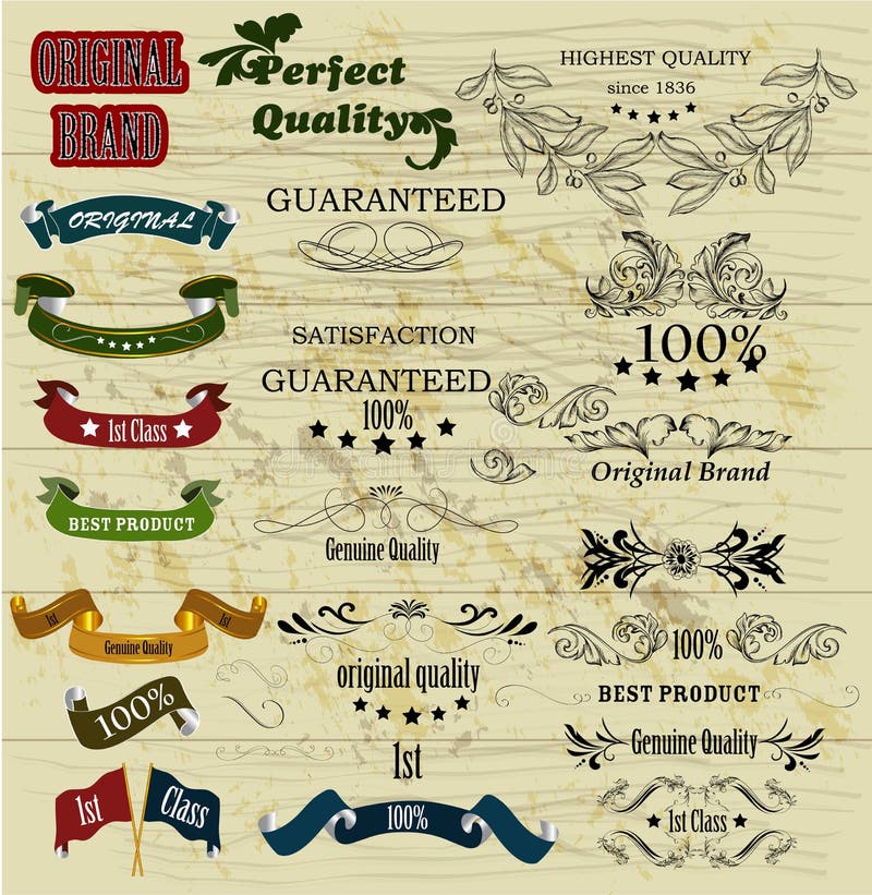 Collection of retro labels best, original genuine and high quality on wooden texture