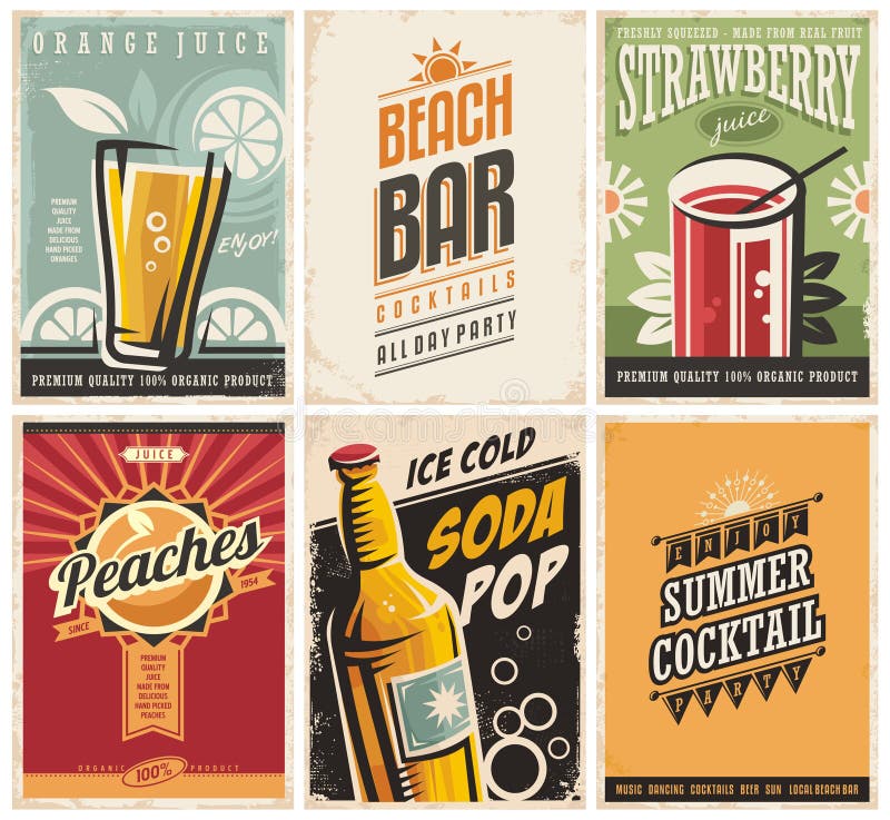 Collection of retro posters with organic juices and popular drinks stock illustration Collection of retro posters with organic juices and popular drinks stock illustration