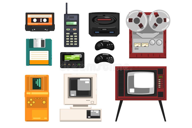 Collection of retro technique, audio music cassette, reel recorder, portable radio, pager, TV, tetris, diskette royalty free illustration