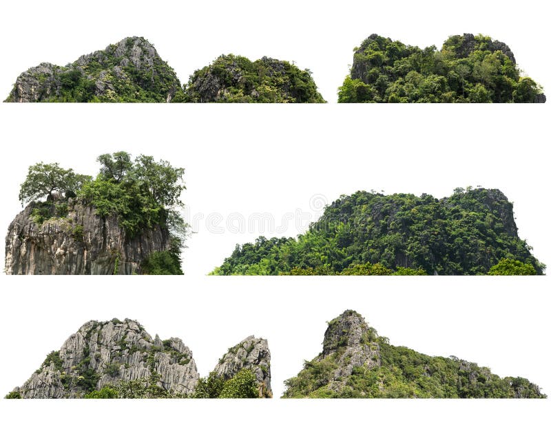 Collection rock mountain hill with  green forest isolate on white background