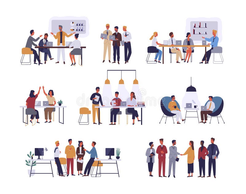 Collection of scenes at office. Bundle of men and women taking part in business meeting, negotiation, brainstorming royalty free illustration