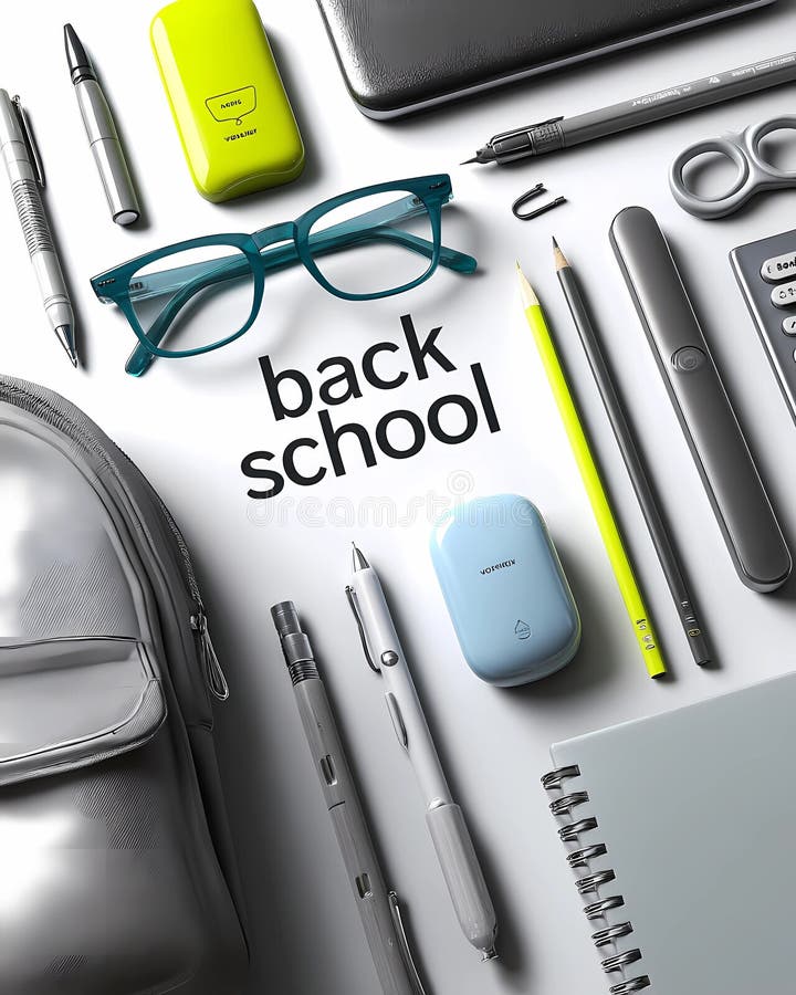 A collection of school supplies is arranged around the words royalty free illustration