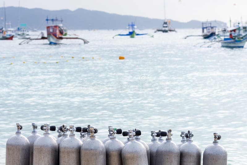 Collection of Scuba Diving Air Tanks. Stock Photo Image of calm
