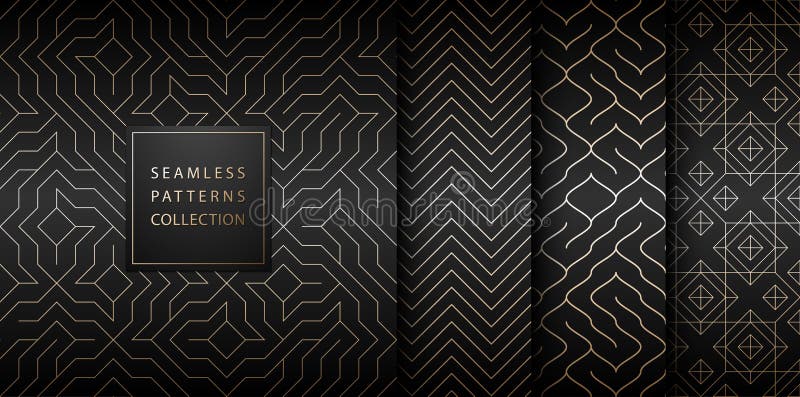 Collection of seamless geometric golden minimalistic patterns. Simple vector graphic black print background. Repeating line abstract texture set. Stylish trellis gold square. Geometry web page fill. Vector abstract seamless pattern vectors