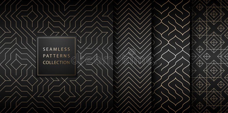 Collection of seamless geometric golden minimalistic patterns. Simple vector graphic black print background. Repeating line