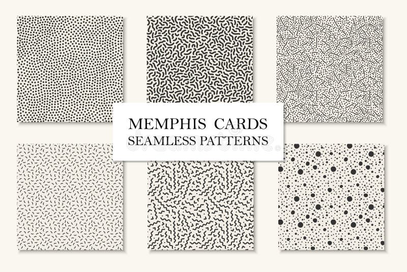 Collection of seamless memphis patterns, cards. Curved, dotted mosaic textures. Retro fashion style 80 - 90s.