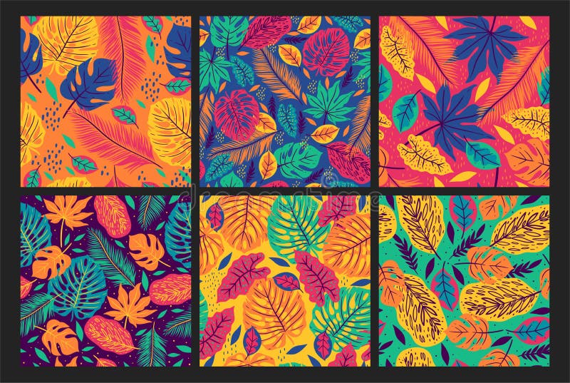 Collection of seamless patterns with tropical leaves. Vector graphics