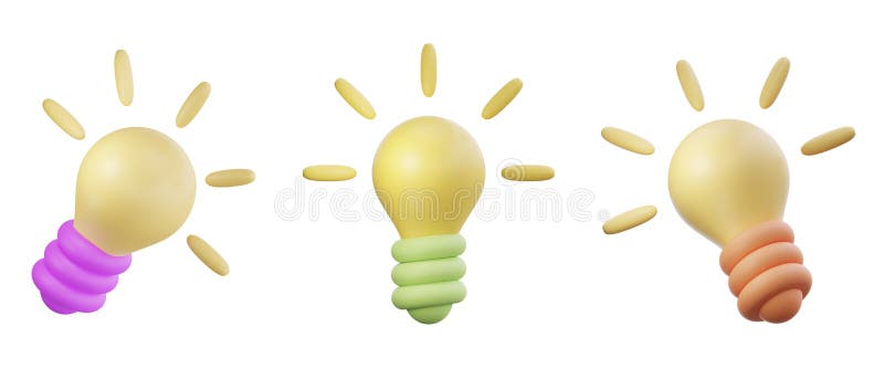 Collection set of 3D rendering cartoon light bulb object icon for business creative idea stock illustration