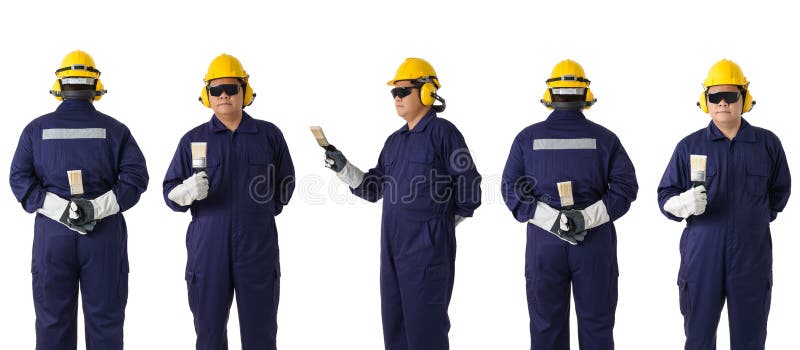 Collection set of Full body portrait of a worker in Mechanic Jumpsuit is holding a paint brush isolated on white background