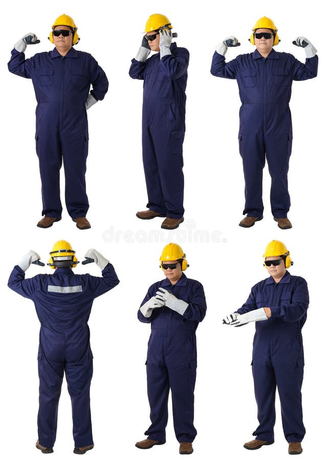 Collection set of Full body portrait of a worker in Mechanic Jumpsuit isolated on white