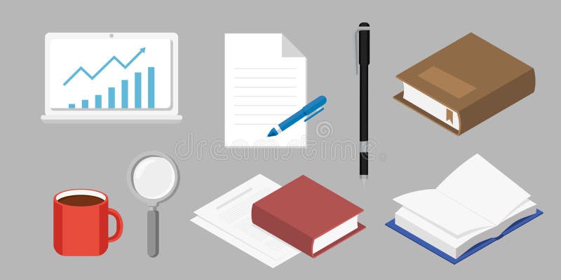 Collection set of office objects notebook document paper pen book royalty free illustration