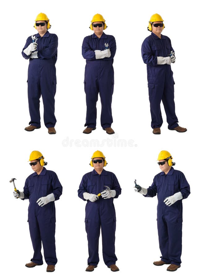 Collection set of portrait of a worker in Mechanic Jumpsuit is holding a wrench or tool isolated on white background