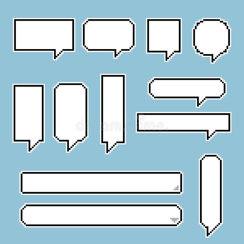 collection set of retro game 8 bit pixel speech bubble balloon, text box banner, black and white color