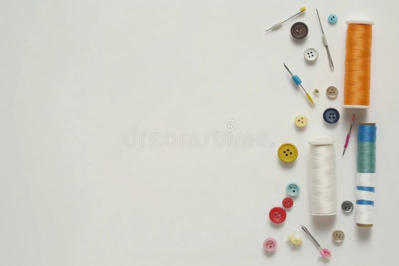 A collection of sewing essentials such as colorful threads, needles, and buttons is neatly arranged on a blank white stock photos