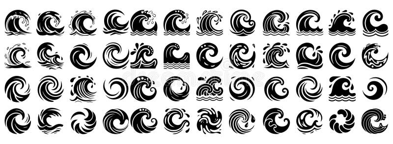 Collection of silhouette vector water waves in various styles.