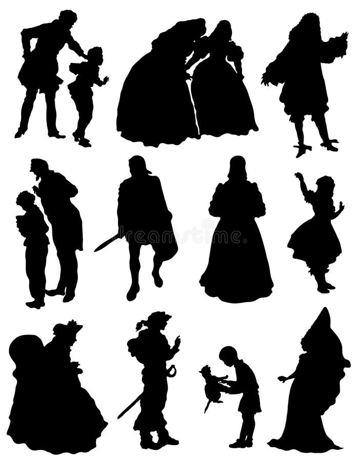 Collection of silhouettes of people of a medieval era on a white background