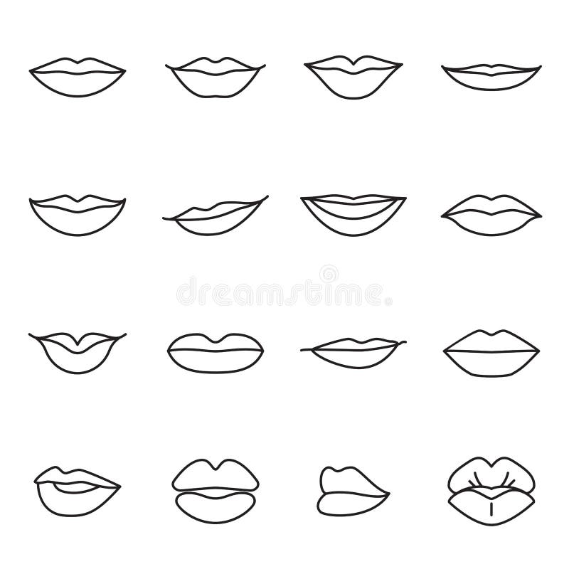 Collection of sixteen linear icons of women s lips