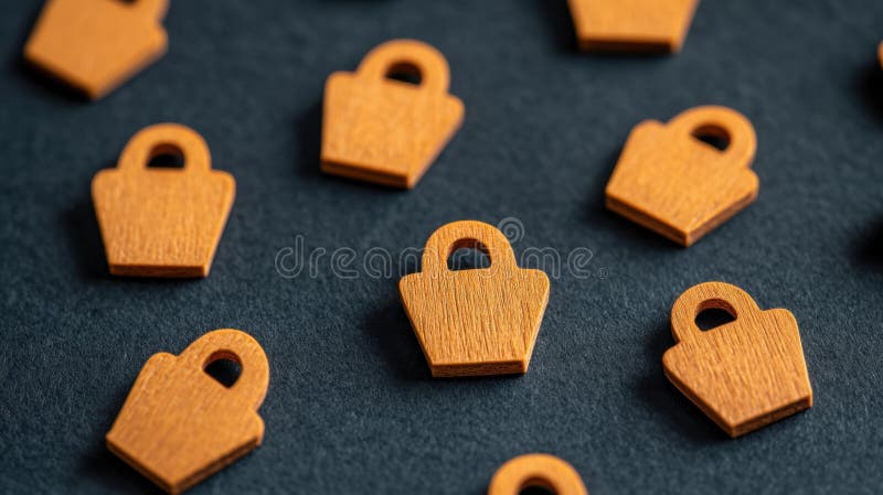 A collection of small wooden handbags arranged on a dark gray background. royalty free stock photography