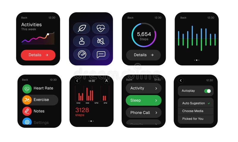 Collection smartwatch user interface screens vector illustration featuring fitness tracking music player settings and activity royalty free illustration
