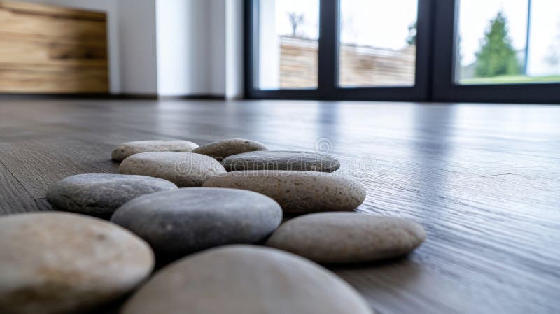 A collection of smooth, round stones arranged in a line on a wooden floor. royalty free stock photo